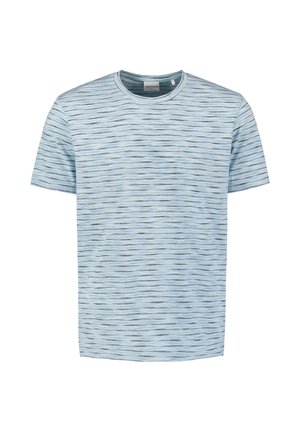 Korte mouw t-shirt in lichtblauw met horizontale golvende strepen in donkerder blauw, ronde halslijn en zachte katoenmix stof.