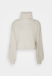 Krämfärgad, ribbad stickad kort turtlenecktröja med långa puffärmar och åtsittande mudd.