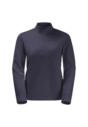 Fleece hoodie in donker marineblauw met een halflange rits kraag. Beschikt over lange mouwen en een subtiele logo op de borst. Soepele textuur.