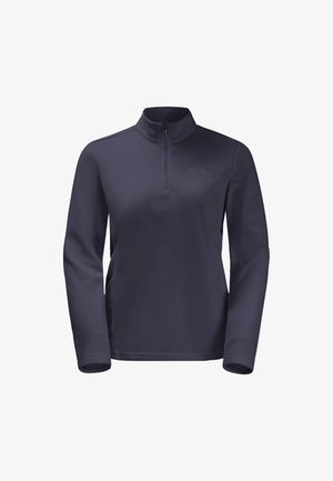 Fleece hoodie in donker marineblauw met een halflange rits kraag. Beschikt over lange mouwen en een subtiele logo op de borst. Soepele textuur.