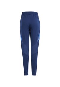 Pantalons de sport navy avec une taille élastique, coupe ajustée et accents de panneaux géométriques bleus sur les côtés. Fabriqués en tissu respirant.