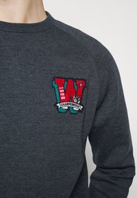 Sudadera gris oscuro con cuello redondo y parche bordado que presenta una "W" roja y verde con el texto "1998" y "CAMPEONATO" debajo.