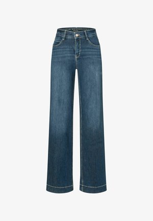 Wide-leg, dark blue denim jeans with a high waist. Features five pockets, subtle fading, and contrasting golden stitching.