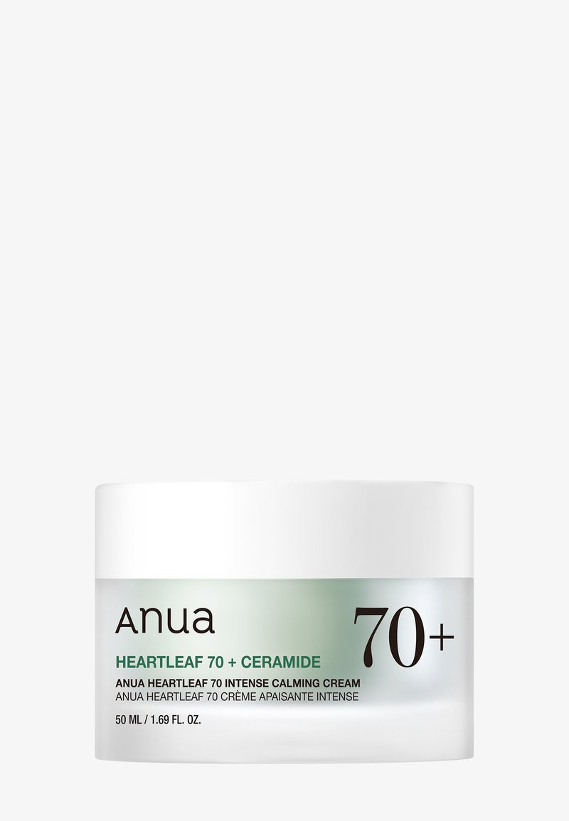 Crème apaisante intense Anua Heartleaf 70+ Céramide dans un pot blanc étiqueté 50 ml pour un soin de la peau calmant.