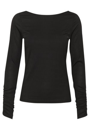 Zwarte lange mouw top van ribstof met een wijde halslijn en geplooide details bij de mouwen. Getailleerd ontwerp.