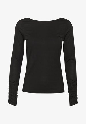 Top negro de manga larga fabricado en tejido acanalado, con un escote amplio y detalle fruncido en las mangas. Diseño ajustado.