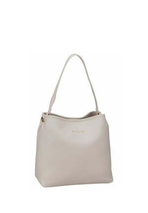 Sac à bandoulière Valentino couleur crème avec bord supérieur incurvé et surface en cuir texturé, doté d'une seule poignée et d'un logo doré.