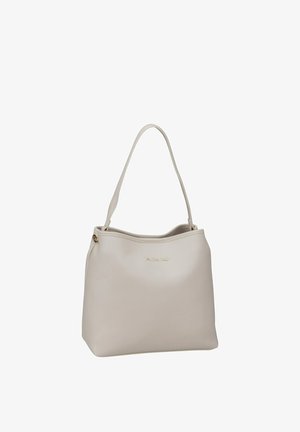 Sac à bandoulière Valentino couleur crème avec bord supérieur incurvé et surface en cuir texturé, doté d'une seule poignée et d'un logo doré.