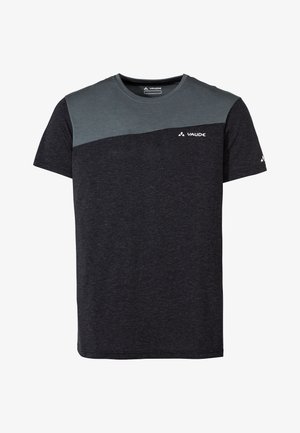 T-shirt da uomo blu scuro con pannello sul petto blu chiaro. Presenta maniche corte e un collo rotondo. Il tessuto ha una texture mélangé.