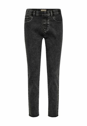 Black denim jeans with a slim fit, featuring a mid-rise waist, five pockets, and light stitching details along the seams.