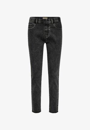 Black denim jeans with a slim fit, featuring a mid-rise waist, five pockets, and light stitching details along the seams.