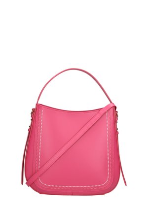 Rosa Lederhandtasche mit geschwungener Form, flachem Griff und verstellbarem Schultergurt. Mit weißer Steppnaht entlang der Kanten.