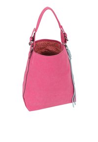 Borsa a mano in suede rosa con una finitura testurizzata, forma arrotondata e interno in tessuto a pois. Presenta un manico singolo abbinato e delle frange decorative.