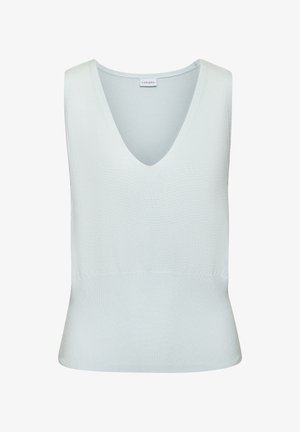 Hele sinine ilma varrukateta topp, millel on sügav V-kaelus, ribakujundus ja keha järgiv siluett. Valmistatud pehmest elastset materjalist.