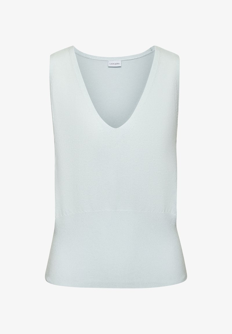 Hele sinine ilma varrukateta topp, millel on sügav V-kaelus, ribakujundus ja keha järgiv siluett. Valmistatud pehmest elastset materjalist.