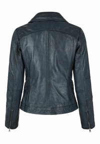 Marineblaue Lederjacke mit klassischem Kragen, gesteppten Details und Reißverschlussärmeln. Besitzt eine taillierte Silhouette und eine glatte Textur.