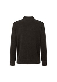 Pull en tricot gris foncé avec un col haut et des manches longues. Le matériau semble doux, avec une texture lisse et des détails de design minimalistes.
