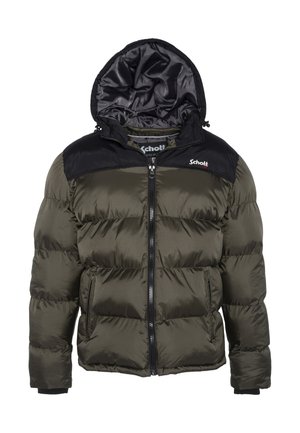 Gefütterte Jacke in Olivgrün mit einem schwarzen Nylon-Schulterpaneel, Reißverschluss, Kapuze und zwei Fronttaschen. Glatte, gesteppten Textur.