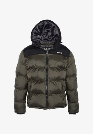 Gefütterte Jacke in Olivgrün mit einem schwarzen Nylon-Schulterpaneel, Reißverschluss, Kapuze und zwei Fronttaschen. Glatte, gesteppten Textur.