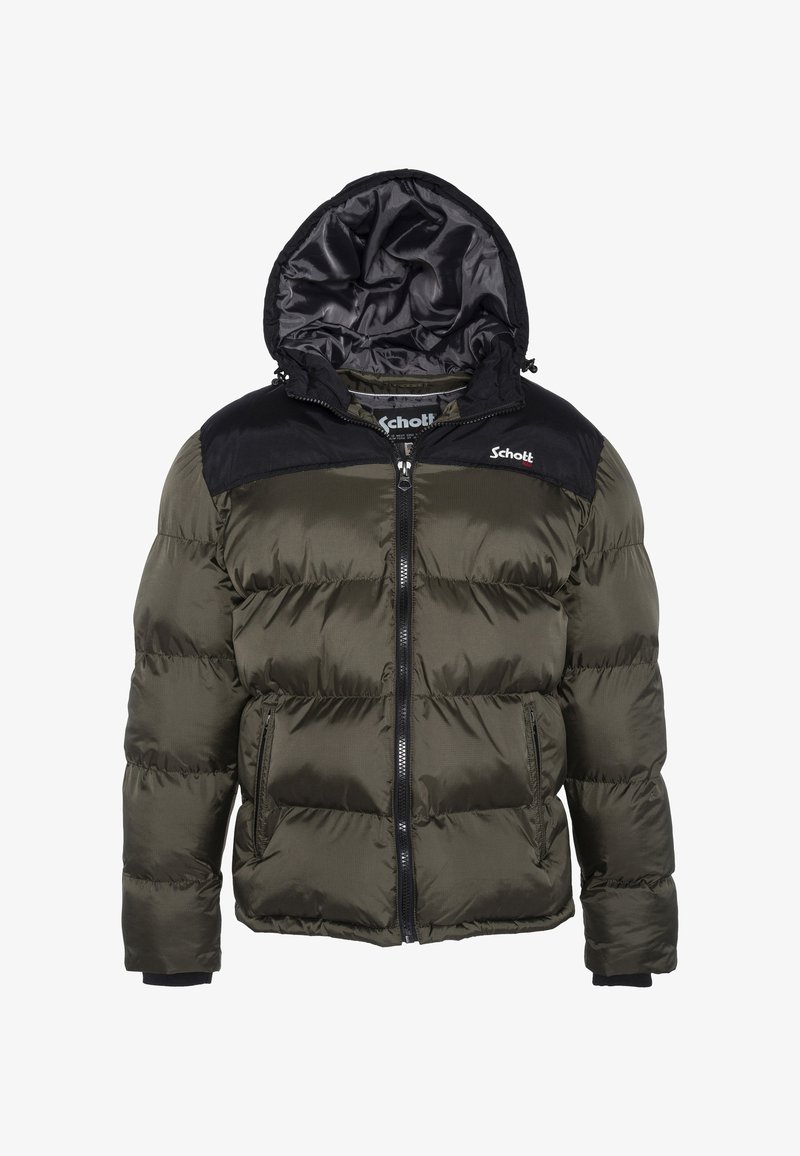 Veste rembourrée en vert olive avec un panneau d'épaule en nylon noir, fermeture éclair, capuche et deux poches avant. Texture douce et matelassée.