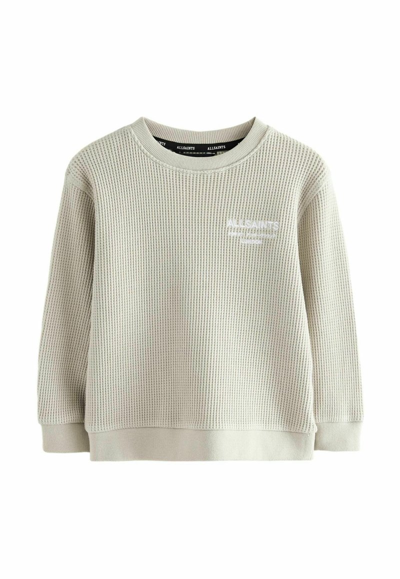 Felpa in maglia waffle grigia chiara con scollatura rotonda, polsini a costine e un piccolo logo bianco sul davanti.