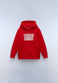 Czerwona bluza z kapturem z kieszenią typu kangur, ściągaczami na rękawach i u dołu. Z przodu powtarzający się biały napis "Napapijri". Miękki, gładki materiał.