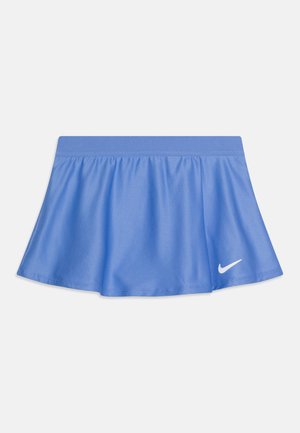 Blue athletic skirt with wide waistband and white Nike swoosh logo on lower right side against plain background.