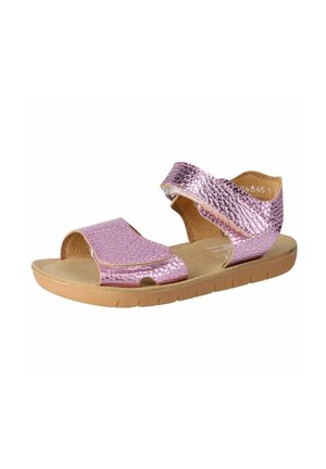Children’s open-toe sandal with metallic pink textured straps and adjustable ankle and toe closures on a tan flexible sole.