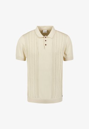 Polo shirt crème à manches courtes avec un motif de tricot texturé, trois boutons marron et des poignets et un ourlet côtelés.