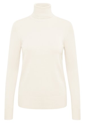 Maglione a collo alto color crema realizzato in un morbido tessuto lavorato a maglia. Presenta maniche lunghe e polsini e orlo a costine.
