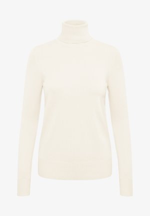 Pull à col roulé crème fabriqué à partir d'un tissu en maille doux. Il dispose de manches longues et de poignets et d'un ourlet côtelés.