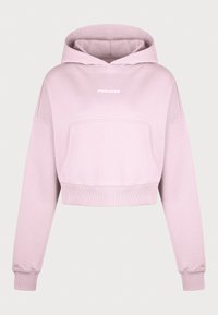 Pink cropped hoodie made of soft fabric, featuring a front pocket, ribbed cuffs, and the text "PEGADOR" in white on the chest.
