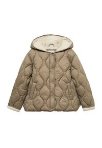 Kviltad beige puffjacka med huva, med en krämfärgad foder, tryckknappar och kontrasterande texturerade mönster. Ärmarna har även krämfärgad avslutning.
