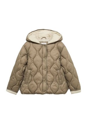 Beige gewatteerde pufferjack met een capuchon, voorzien van een crèmekleurige voering, drukknoopsluiting en contrasterende textuurelementen. De mouwen zijn ook met crèmekleurige cuffs.