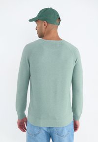 Hellgrüner, gerippter Strickpullover mit rundem Halsauschnitt und langen Ärmeln, kombiniert mit lässigen blauen Jeans.