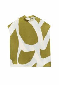 Kurzarm-Bluse mit hochgeschlossenem Kragen, olivgrünem und weißem abstraktem Muster, glattem Satinstoff und einem Reißverschluss auf der Rückseite.