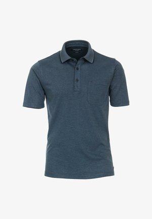 Dunkelblaues Poloshirt mit kurzen Ärmeln, einer Knopfleiste mit drei Knöpfen und einer einzelnen Brusttasche. Hergestellt aus strukturierter Baumwollmischung.