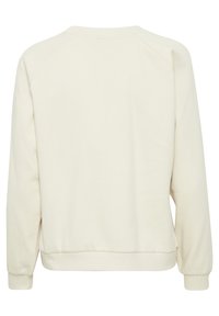 Vue de dos d'un sweat-shirt uni blanc cassé à manches longues avec poignets et ourlet côtelés, col rond et coupe décontractée.