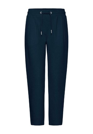 Marineblå smale bukser med elastisk midjebånd og justerbar snor, to sidelommer og sydd foran folder.