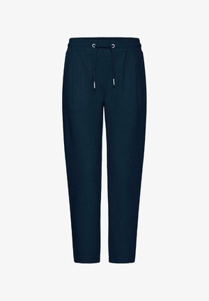 Navy blue tapered pants with elastic waistband and adjustable drawstring, two side pockets, and stitched front pleats.