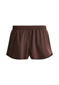 Short de sport marron avec taille élastique et ourlet arrondi, présenté de face sur fond blanc.