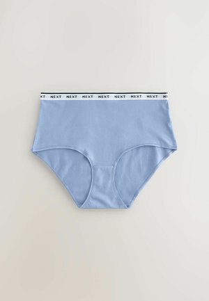 Világoskék pamut, magas derekú bugyi, fekete-fehér "NEXT" logós elasztikus derékkal. Simára festett, minta nélküli felület.