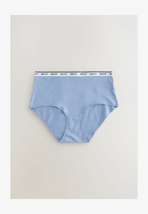 Jasnoniebieskie bawełniane majtki z wysokim stanem, z czarno-białą elastyczną taśmą z logo "NEXT". Gładka tekstura bez wzorów.