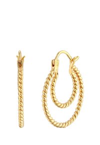 Goldfarbene Hoop-Ohrringe mit gedrehtem Seildesign. Verfügt über einen sicheren Verschluss. Glatte Textur mit glänzender Oberfläche.