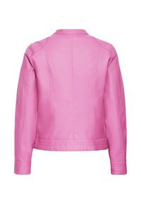 Pink faux leather jacket with a smooth texture, a collar, and long sleeves. Features vertical seams on the back and a cropped design.