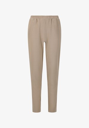 Beige tapered pants with an elastic waistband, smooth texture, and a simple design. Suitable for casual and comfortable wear.