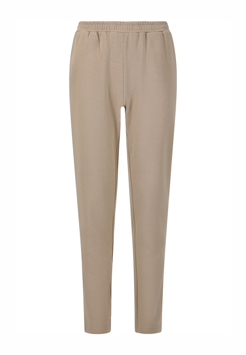 Beige taps (of tapered) broek met een elastische tailleband, een gladde textuur en een eenvoudig ontwerp. Geschikt voor casual en comfortabele kleding.