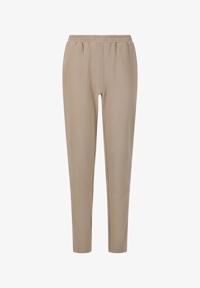 Beige taps (of tapered) broek met een elastische tailleband, een gladde textuur en een eenvoudig ontwerp. Geschikt voor casual en comfortabele kleding.