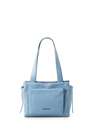 Borsa tote in pelle azzurro chiaro con tasca frontale, due manici lunghi e piccolo logo del marchio sulla tasca.