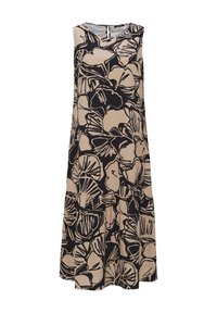Robe beige sans manches avec motif floral abstrait noir, encolure ronde et coupe midi fluide.